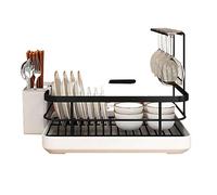 Over Sink Dish Rack - Space-Saving Kitchen Organizer with Drip Tray & Removable Cutlery Holder, Durable ABS, Anti-Scratch & Anti-Slip, 34x26x35CM, Black Color