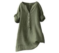Over Sized T Shirts for Women Uk Summer Cotton Linen Button Down Blouses Ladies Roll Up Long Sleeve Shirts Plus Size Casual V Neck Loose T-Shirt Tunic Top Oversized My Orders Uk 2024