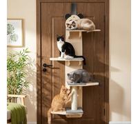 Over the Door Cat Tree 4 Tier No-Drill Hanging Shelves with Sisal Scratching Post, Non-Slip Pads & Cute Panda Design for Indoor Cats & Small Spaces Beige A