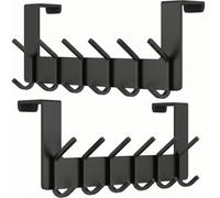Over The Door Hooks - Heavy Duty Stainless Steel Door Hanger with 6 Double Hooks for Hanging Towels, Coats, Robes, Hats, Bags - No Drill Over Door Towel Rack for Bathroom & Bedroom (Black -2 Pack)
