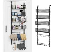 Over the Door Organizer, 2 in 1 Metal Hanging Closet Organizer & Hat Rack with 4 Adjustable Baskets, 8 Hooks, 10 Clips, Behind The Door Storage for Bedroom, Bathroom, Entrance, Closet, Kitchen, Black