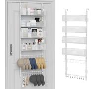 Over the Door Organizer, 2 in 1 Metal Hanging Closet Organizer & Hat Rack with 4 Adjustable Baskets, 8 Hooks, 10 Clips, Behind The Door Storage for Bedroom, Bathroom, Entrance, Closet, Kitchen, White