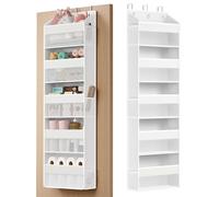 SONGMICS Over-the-Door Organiser, 5-Compartment Foldable Hanging Shelf, Door Hanging Storage Organiser, Metal Hooks, Transparent, Side Pockets, Cloud White RDH010WH01
