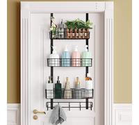 Over the Door Pantry Organizer 3 Tier Hanging Basket Back Storage Rack Shelf Metal Over Door Shelves with 3 Baskets and 5 Hooks for Bathroom Kitchen Pantry Bedroom, Black