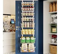 Over The Door Pantry Organizer, 8-Tier Over The Door Organizer with Adjustable Baskets, Metal Hanging Spice Rack for Pantry Organizers and Storage, Suitable for Kitchen Laundry Room & Bathroom, White