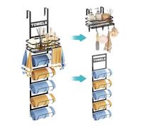 Over The Door Towel Racks for Bathroom, 6 Tier Wall Mounted Towel Rack, Detachable Black Bathroom Towel Holder with Metal Shelf Basket and Hooks, Rolled Towel Hanger Organizer (Black)
