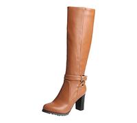 over the knee boots women waterproof riding boots biker boots with block heel retro buckle belt platform boots fashion patent leather high heel upper, Brown, 9 UK
