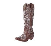 Over-the-knee boots, women's ankle boots with heel, western cowboy boots, fashion embroidery, winter boots, high-quality shiny rhinestone party dance shoes, best for festivals and dating, brown, 7 UK
