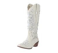 Over-the-knee boots, women's ankle boots with heel, western cowboy boots, fashion embroidery, winter boots, high-quality shiny rhinestone party dance shoes, best for festivals and dating, White, 7 UK