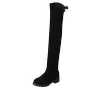 Over-the-knee boots, women's wide shaft boots, shark boots, black flock over-the-knee boots with soft inner layer for winter, round toe, elastic square heel, black, 7 UK