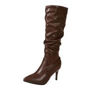 Over-the-knee boots, women's wide shaft boots, shark boots, fashionable knee-high boots with pointed toe and stiletto heel, buckle detail, leather boots for elegant riding style in herbs, coffee, 9 UK