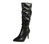 Over-the-knee boots, women's wide shaft boots, shark boots, fashionable knee-high boots with pointed toe and stiletto heel, buckle detail, leather boots for elegant riding style in herbs, black, 5 UK