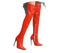 Over-the-knee boots, women's wide shaft boots, shark boots, fashionable, pointed pointed shiny over-the-knee boots with high heel for parties, carnival, evening wear and night out events, orange, 8 UK