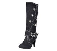 Over-the-knee boots, women's wide shaft boots, shark boots, oversized women's shoes, winter denim fabric, thick high heels, belt buckle, high boots, children's long boots, black, 5 UK
