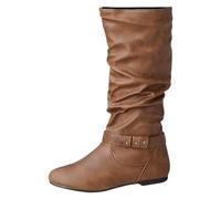 Over-the-knee boots, women's wide shaft boots, shark boots, retro pleated boots, flat, high boots, versatile boots, brown, 5 UK