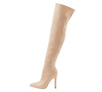 Over-the-knee boots, women's wide shaft boots, shark boots, soft patent leather inner zip with high heel, fashionable elastic over-the-knee boots for outdoor use, beige, 7 UK