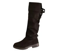 Over-the-knee boots, women's wide shaft boots, shark boots, suede boots with round toe, high knee, ruffled lacing at the back, stacked heel for a comfortable, fashionable shoe, black, 6 UK