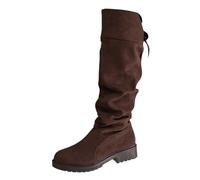 Over-the-knee boots, women's wide shaft boots, shark boots, suede boots with round toe, high knee, ruffled lacing at the back, stacked heel for a comfortable, fashionable shoe, coffee, 4 UK
