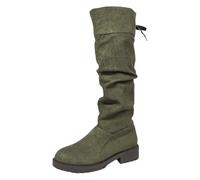 Over-the-knee boots, women's wide shaft boots, shark boots, suede boots with round toe, high knee, ruffled lacing at the back, stacked heel for a comfortable, fashionable shoe, Dark green, 6 UK