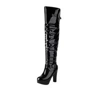 Over The Knee high Boots for Women UK Sexy Pointed Toe Chunky Heels Boots Adjustable Zipper Lace Up Long Shoes for Wedding Dating Party Outfits (37) Black