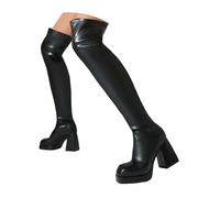 Over The Knee High Boots for Women Zipper PU Leather Block Chunky High Heel Boot Square Toe Women’s Elastic Stretchy Boots for Party Wedding Dating (38) Black