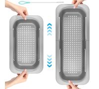 Over The Sink Colander Strainer Basket, Extendable Sink Drain Basket, Fruit & Vegetable Cleaning Basket Wash Vegetables & Fruits, Drain Cooked Pasta(7.9 W X 13.4-19.5 L X 2.75 H) - Grey