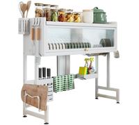 Over The Sink Dish Drainer Rack - Large Capacity Space-Saving Carbon Steel Drying Rack with Cover | Fits Plates, Bowls & Utensils | White Kitchen Countertop Organiser | Rust-Resistant Design