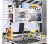 Over the Sink Dish Drying Rack 2 Tier Stainless Steel Space-Saving with Dust Cover Kitchen Organizer for Dishes and Bowls