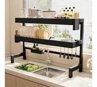 Over The Sink Dish Drying Rack, Carbon Steel, Removable Cutlery Holder, Space-Saving 2 Tier Dish Drying Rack for Dishes, Glasses, Cutlery, 75cm/29.5in