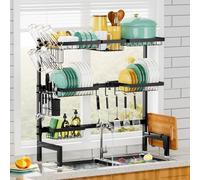 Over The Sink Dish Drying Rack,Expandable Length 3-Tier Large Stainless Steel Over The Sink Dish Rack with 6 Baskets, Utensil Holder Dish Drainers for Kitchen Counter