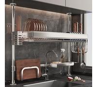 Over The Sink Dish Drying Rack for Kitchen Counter, Adjustable Height Dish Drainer Rack with Draining Trays, No - Drill Installation, Detachable Kitchen Organizer