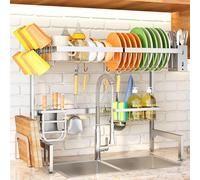 Over The Sink Dish Drying Rack, Full Stainless Steel 2-Tier Kitchen Counter Dish Drainer Rack Adjustable (33.8 to 41.5 inch), Expandable Dish Drying Rack with Kitchen Accessories, Silver