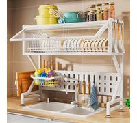 Over The Sink Dish Drying Rack Large 3 Tier Stainless Steel Dish Drainer Rack Organizer 2-Tier Kitchen Counter Dish Drainer Rack Adjustable Expandable Utensil Holder,Blca,White 39.4*13.6*32.3in