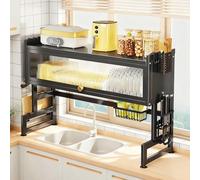 Over The Sink Dish Drying Rack, Large Kitchen Counter Organization Rack with Semi-Clear Cover and Supplies Storage Holders, for Dishes, Glasses, Bowls, Cutlery