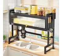 Over The Sink Dish Drying Rack, Large Kitchen Counter Organization with Semi-Clear Cover and Storage Holders, for Dishes, Glasses, Bowls, Cutlery, 33.5 Inch