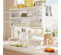 Over the Sink Dish Drying Rack, Large Metal Countertop Dish Drainer with Dustproof Cover and Knife Holder for Dishes Glasses Bowls Cutlery