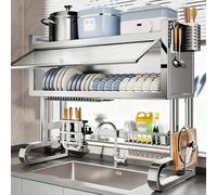 Over The Sink Dish Drying Rack, Large with Flap, Kitchen Sink Organizer, Stainless Steel Drainer for Counter, 33.5in