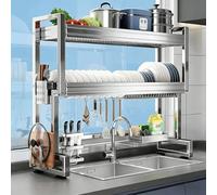 Over The Sink Dish Drying Rack, Stainless Steel, Expandable 2 Tier Dish Drainer with Utensil Holder, Space-Saving, for Dishes, Glasses, Bowls, and Cutlery(Double layer,56cm/22in)