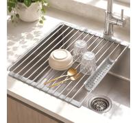 Over the Sink Dish Drying Rack, Stainless Steel Foldable Roll Up Dish Rack with Utensil Holder for Spoons and Chopsticks, Space-Saving Sink Drying Rack，12.6 × 14.6 inches