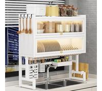 Over The Sink Dish Drying Rack with Flip-Top Door, Multifunctional Metal Counter Shelf nizer for Dishes, Utensils, and Bowls (White, 37.4in) - Space-Saving Kitchen Solution