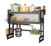 Over the Sink Dishes Drainer Dish Drying Rack with Flip Cover, 3-Tiers Kitchen Dishes Storage Shelf Utensil Holder, Storage Basket, Cutting Board Holder, Hook
