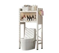 Over The Toilet Storage Cabinet - Metal Bathroom Rack with Hooks Space-Saving Above WC Shelf for Laundry and Toiletries (White 53.1in)