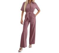 Overall Damen Elegant - Jumpsuit Sommer Damen Playsuit Womens Belted Collar Ruched Sleeve Jumpsuit (Red Xl)
