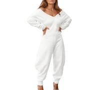 Overall Damen, Jumpsuit Sommer Damen Playsuit Women Solid Sweatshirt Long Sleeve V Neck Jumpsuit Long Trousers Long Sleeve Jumpsuits (White S)