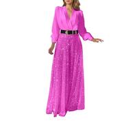 Overall Damen Sommer - Elegant Jumpsuit With V Neck Long Sleeves Shirt Collar Wrap Waist Flared Wide Leg Pants Sparkling Sequins Evening Party Wear Casual Outfit (M)