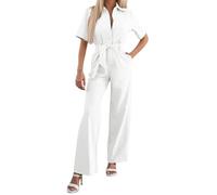 Overall Damen Sommer - Eleganter Jumpsuit Damen Playsuit Womens Belted Collar Ruched Sleeve Jumpsuit (White M)