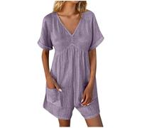 Overalls for Women Summer Short Sleeve Ladies Dungarees Plus Size Rompers One Piece Casual Jumpsuits Boho Lounge Beach Vacation Short Playsuits with Pockets