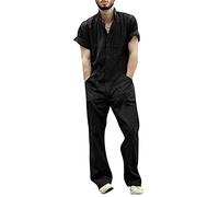 Overalls Mens Summer Smart Casual Jumpsiut Plain Colour Playsuit Elastic Waist Trouser Loose Fit Straight Wide Leg Pants Lightweight Leisure Yoga Pants with Multiple Pockets