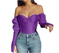 Overbust Corset for Women - Puff Sleeve Off Shoulder Long Sleeve Bustier Sexy Satin Basque Solid Steel Boned Short Rococo Punk & Gothic Medieval Steampunk Purple XL