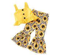 OverDose Boutique Christmas Outfit Set for Girls Toddler Kids Baby Girls Sleeveless Strap Vest Tops Sunflower Leopard Print Flare Pants Bell Bottoms 2PCS Outfits Clothes Set (Yellow, 18-24 Months)